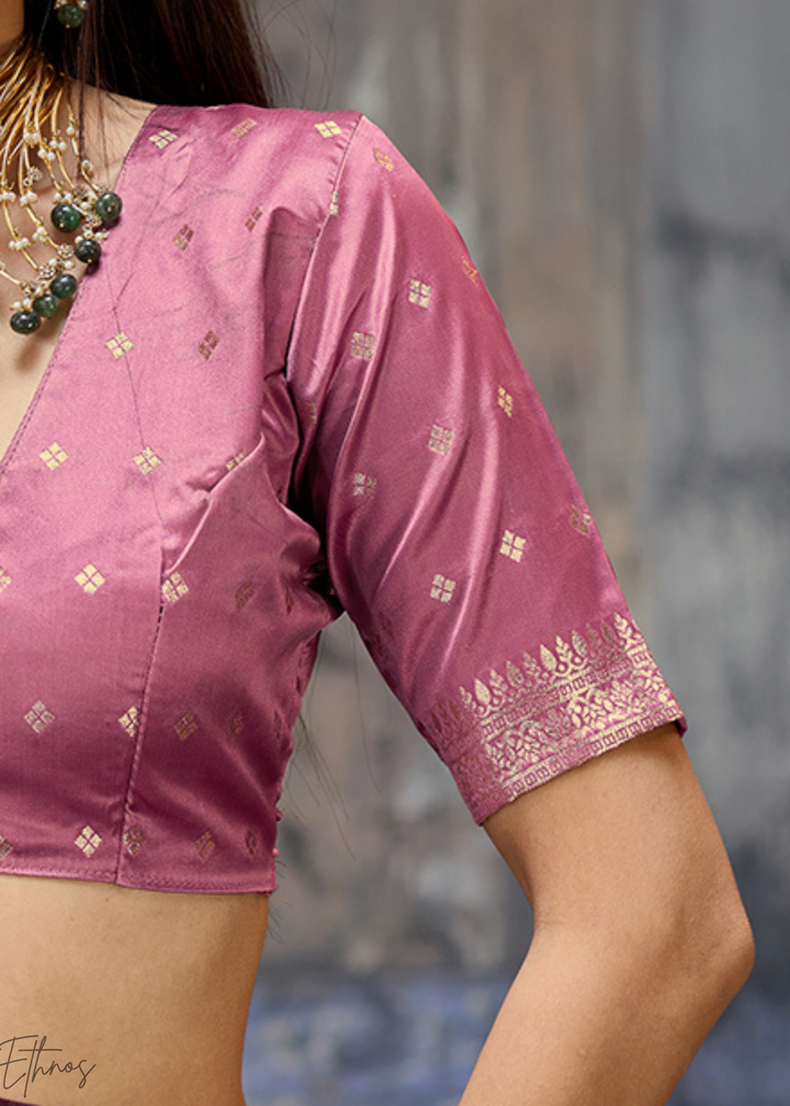 Rose Pink Majestic Feline Banarasi Satin Silk Saree