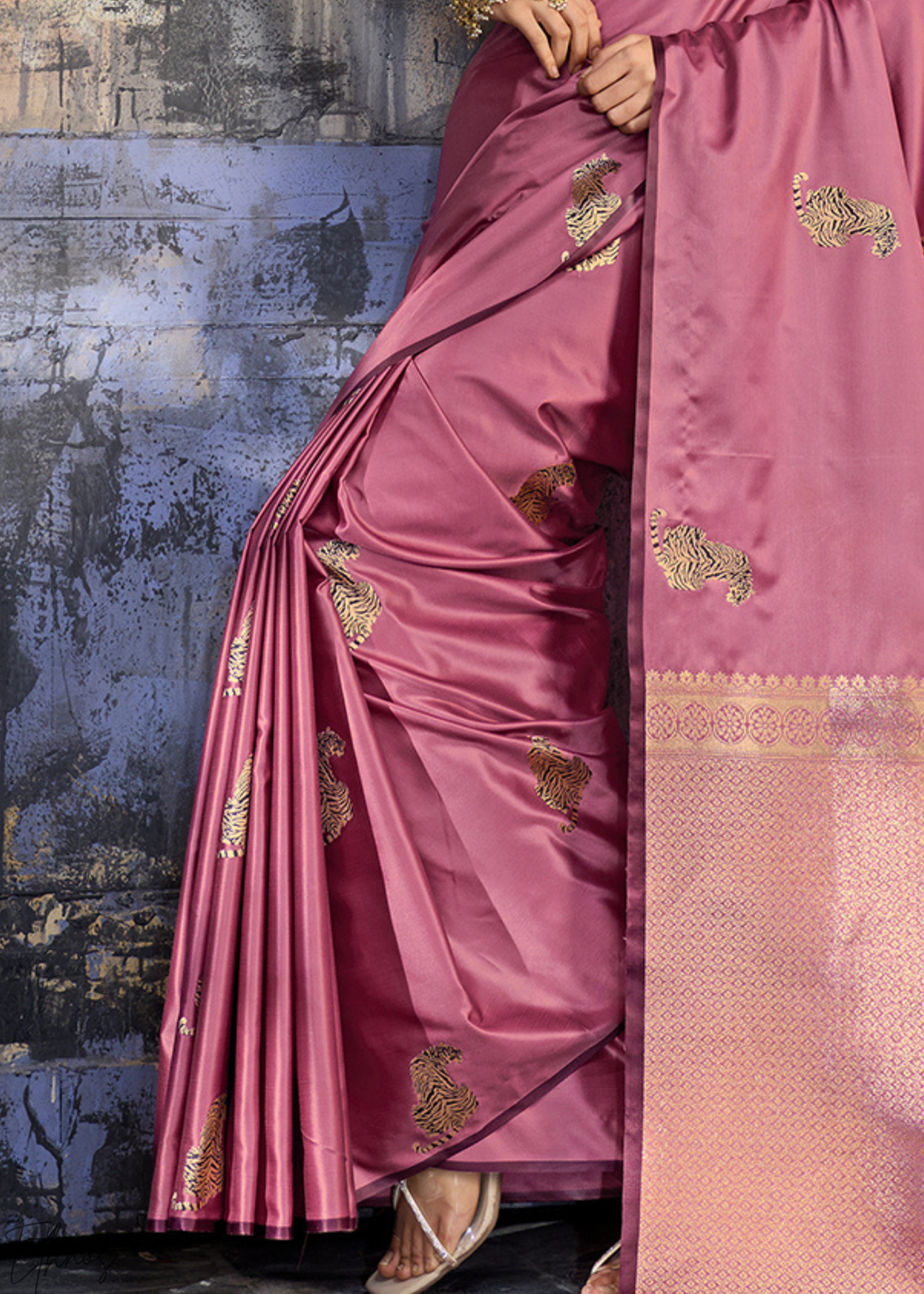 Rose Pink Majestic Feline Banarasi Satin Silk Saree