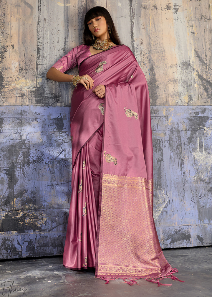 Rose Pink Majestic Feline Banarasi Satin Silk Saree