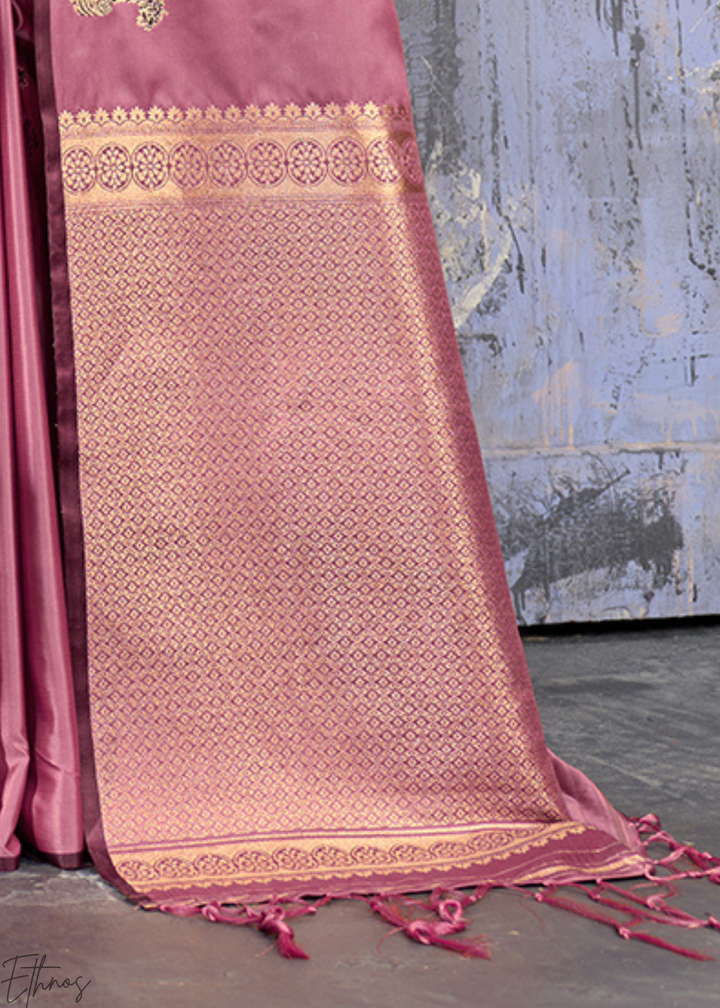 Rose Pink Majestic Feline Banarasi Satin Silk Saree