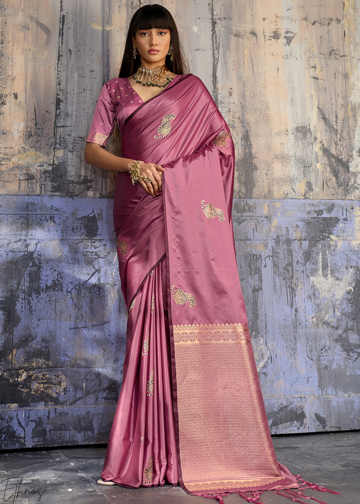 Rose Pink Majestic Feline Banarasi Satin Silk Saree