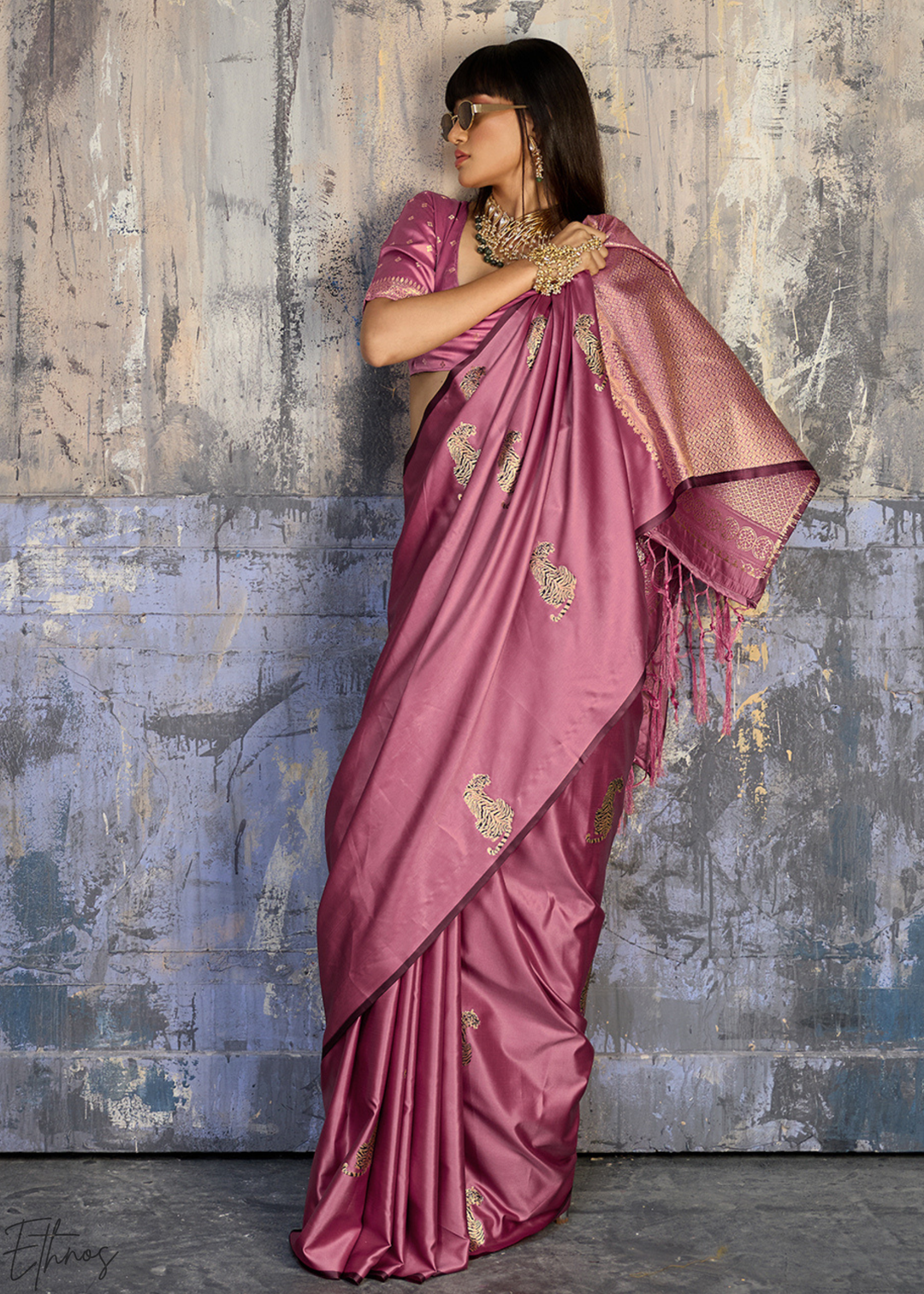 Rose Pink Majestic Feline Banarasi Satin Silk Saree