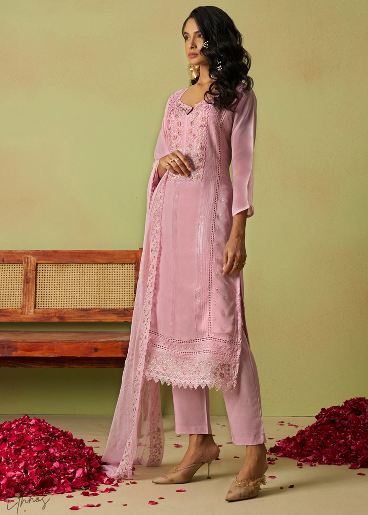 Rose Pink Meadow Embroidered Organza Palazzo Suit