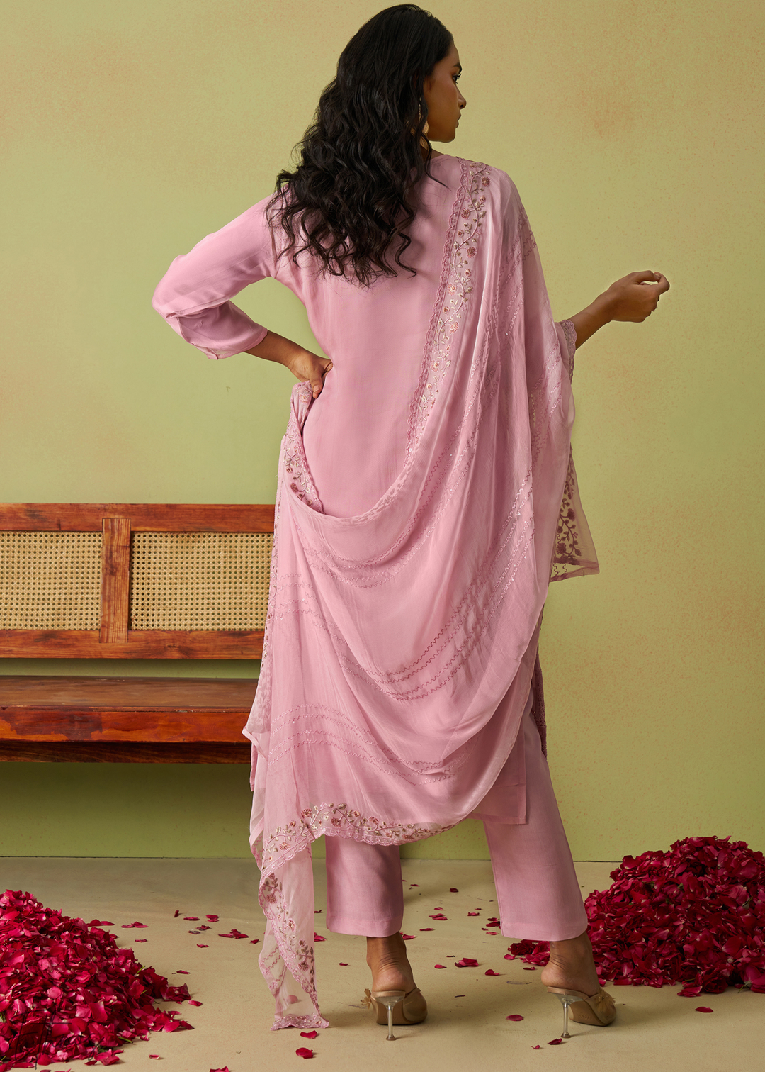 Rose Pink Meadow Embroidered Organza Palazzo Suit