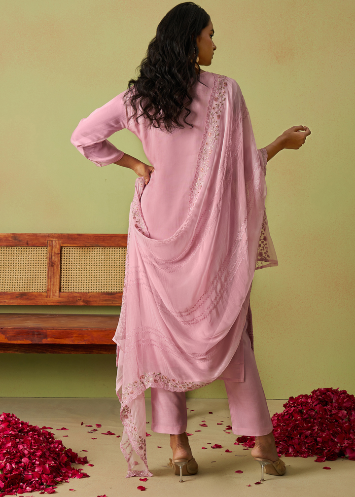 Rose Pink Meadow Embroidered Organza Palazzo Suit