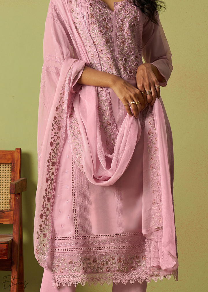 Rose Pink Meadow Embroidered Organza Palazzo Suit