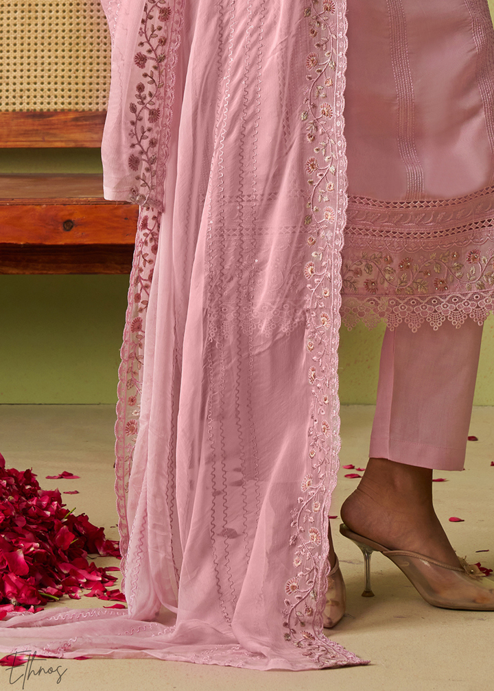 Rose Pink Meadow Embroidered Organza Palazzo Suit