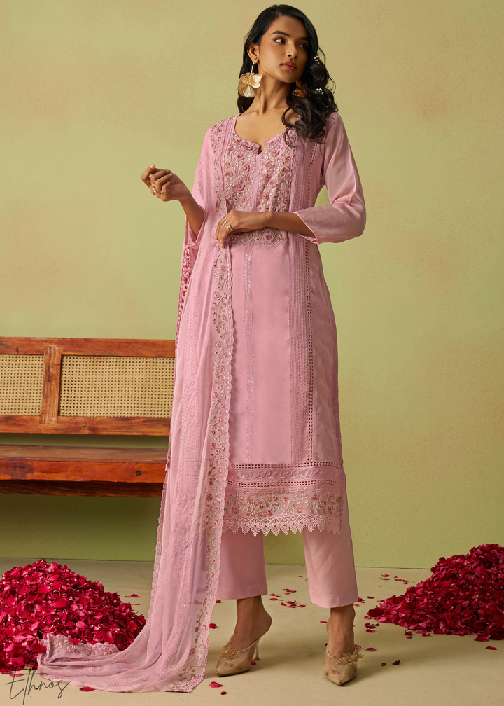 Rose Pink Meadow Embroidered Organza Palazzo Suit