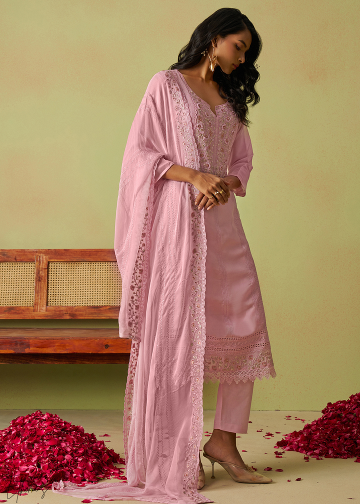 Rose Pink Meadow Embroidered Organza Palazzo Suit