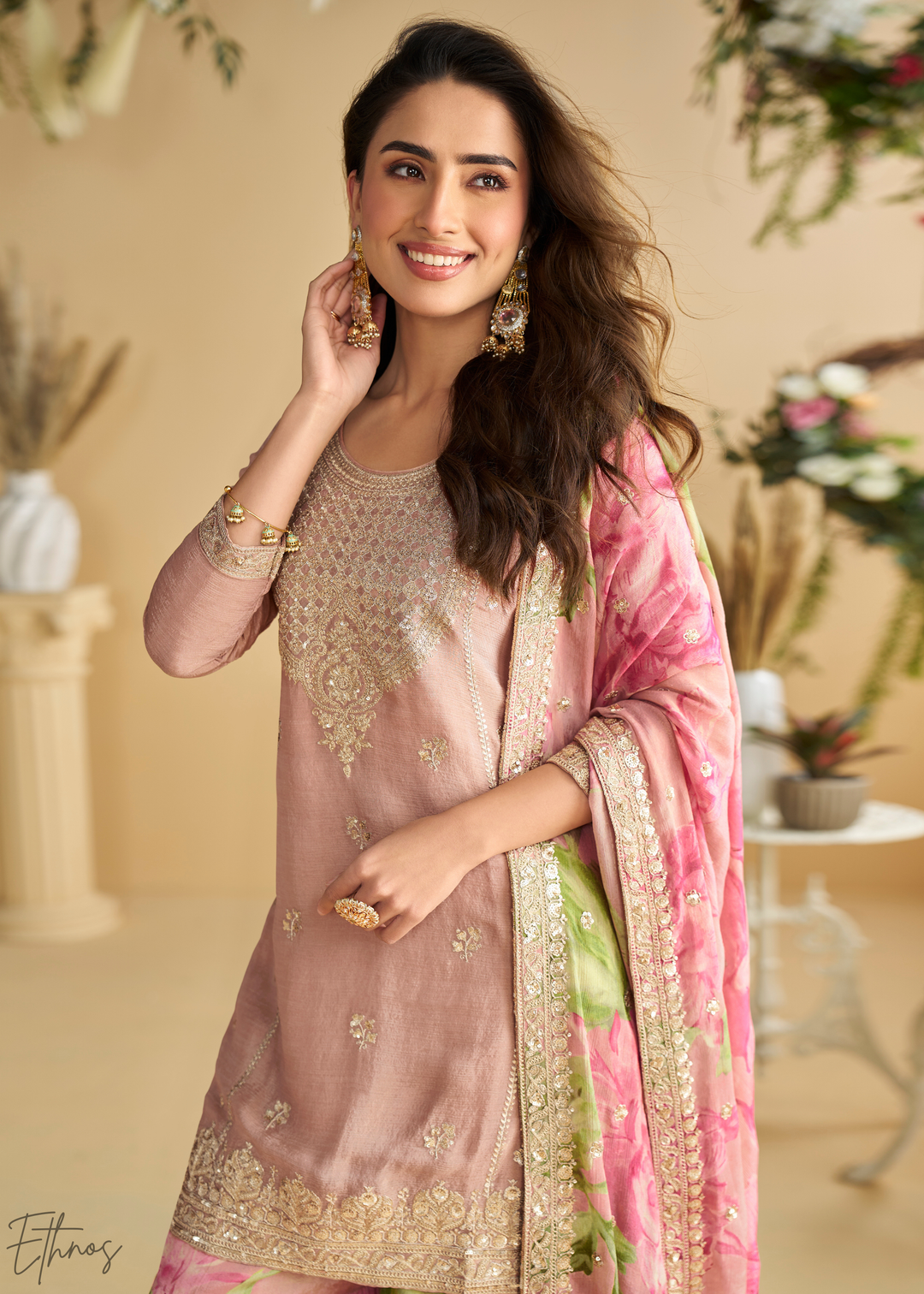 Rose Pink Printed Chinon Silk Palazzo Suit