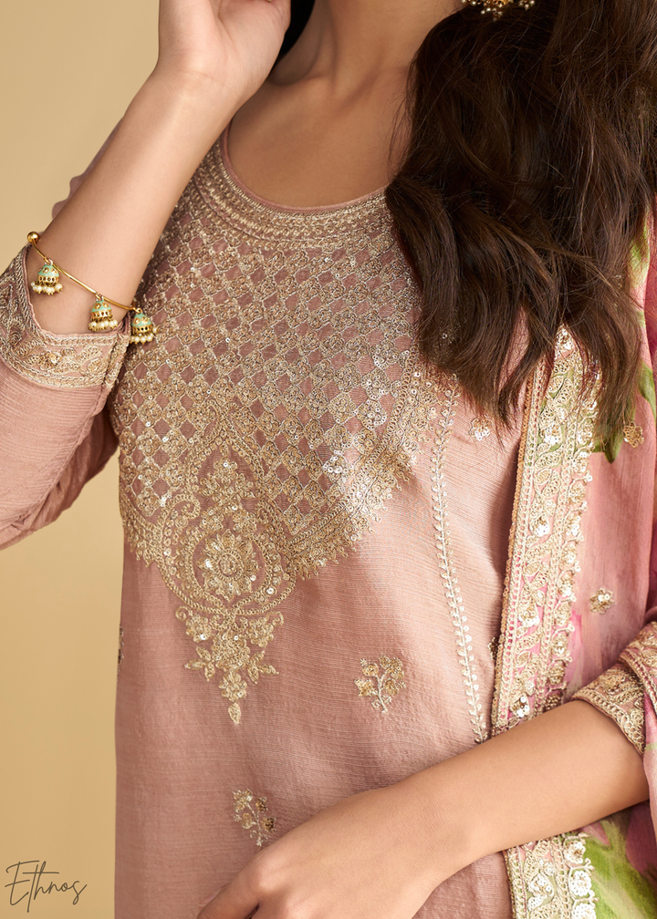 Rose Pink Printed Chinon Silk Palazzo Suit
