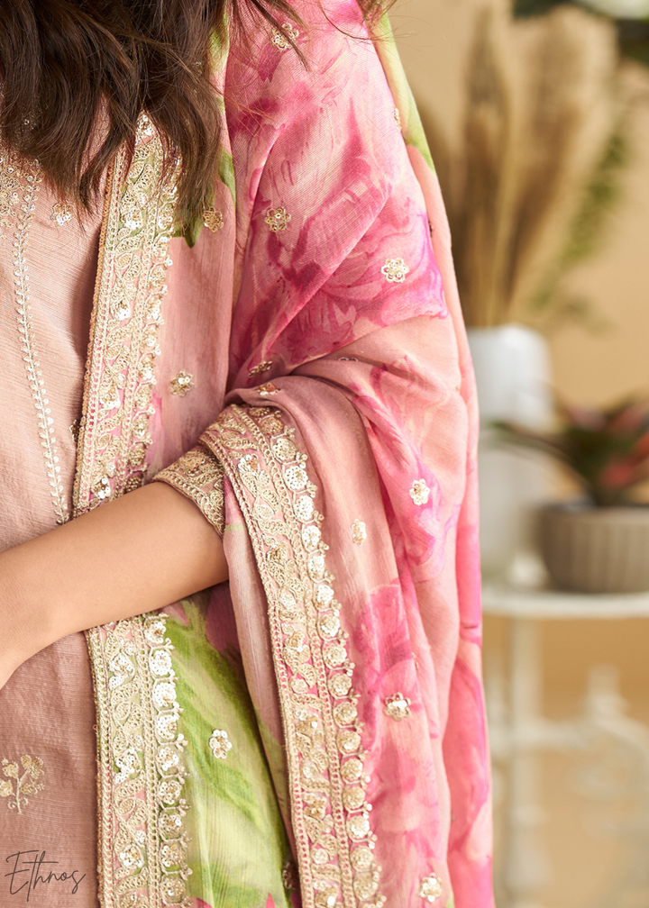 Rose Pink Printed Chinon Silk Palazzo Suit