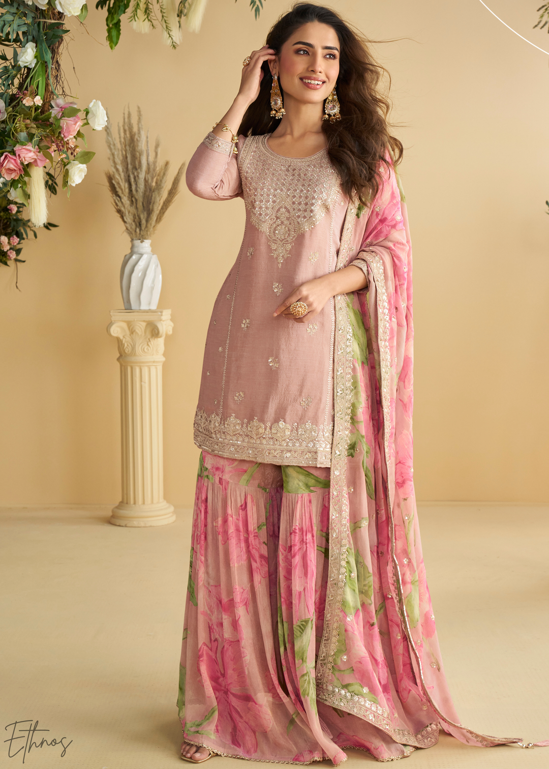 Rose Pink Printed Chinon Silk Palazzo Suit
