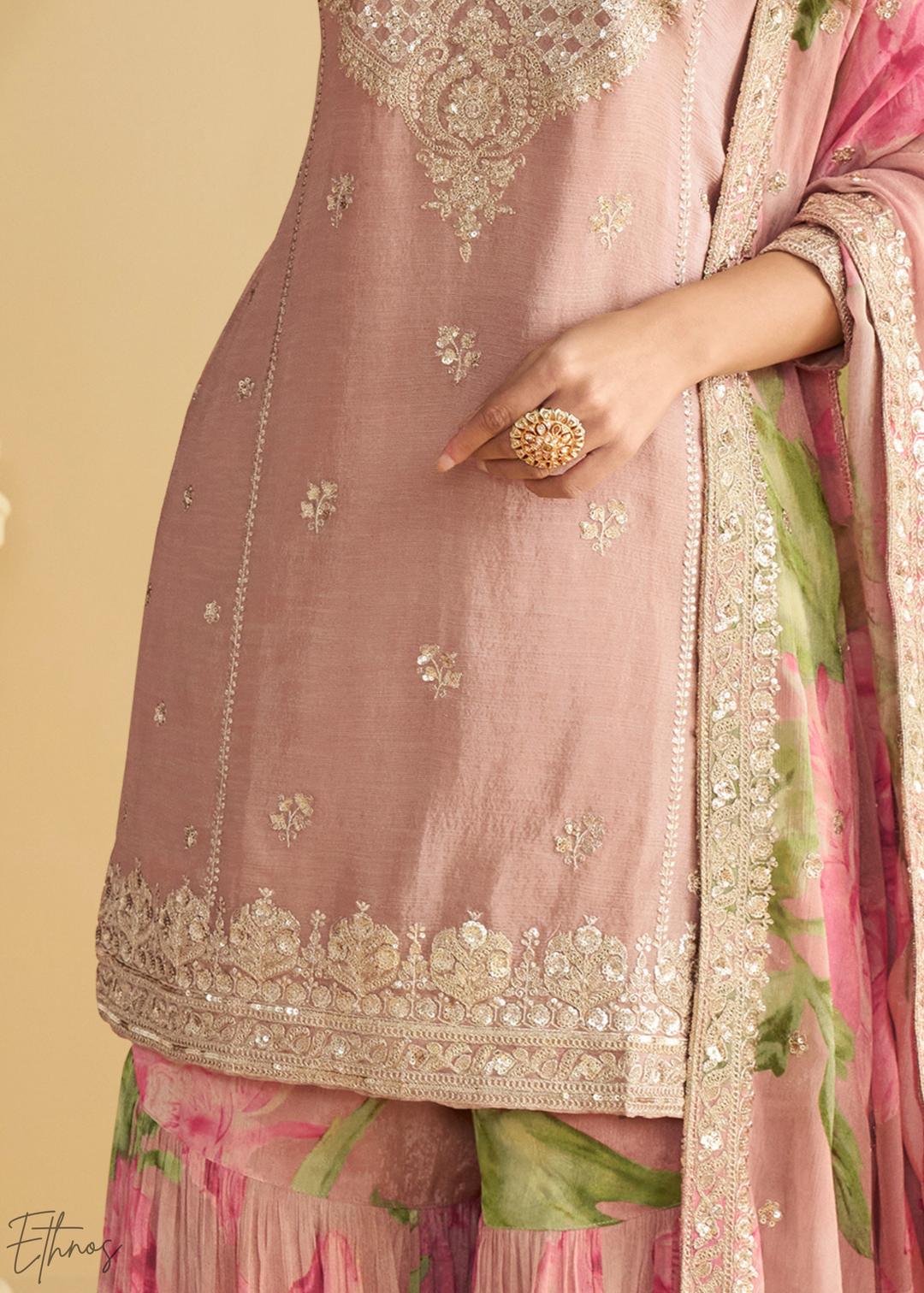 Rose Pink Printed Chinon Silk Palazzo Suit