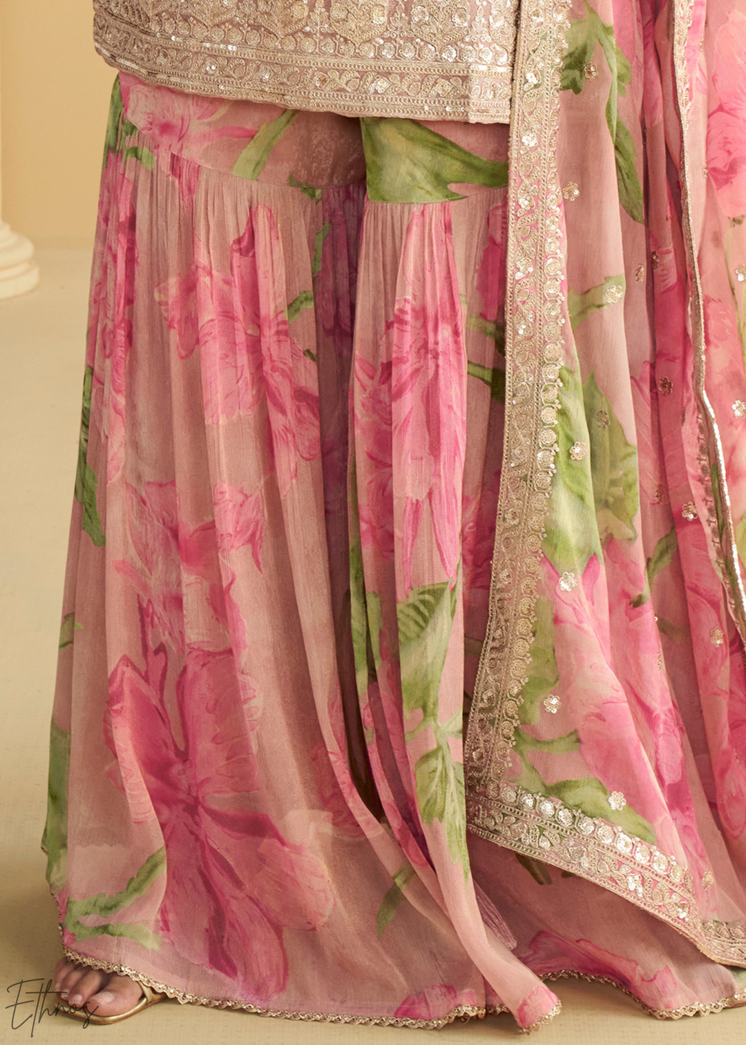 Rose Pink Printed Chinon Silk Palazzo Suit