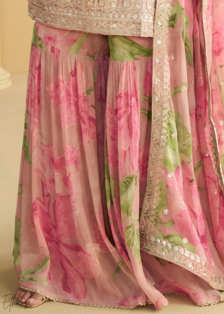 Rose Pink Printed Chinon Silk Palazzo Suit