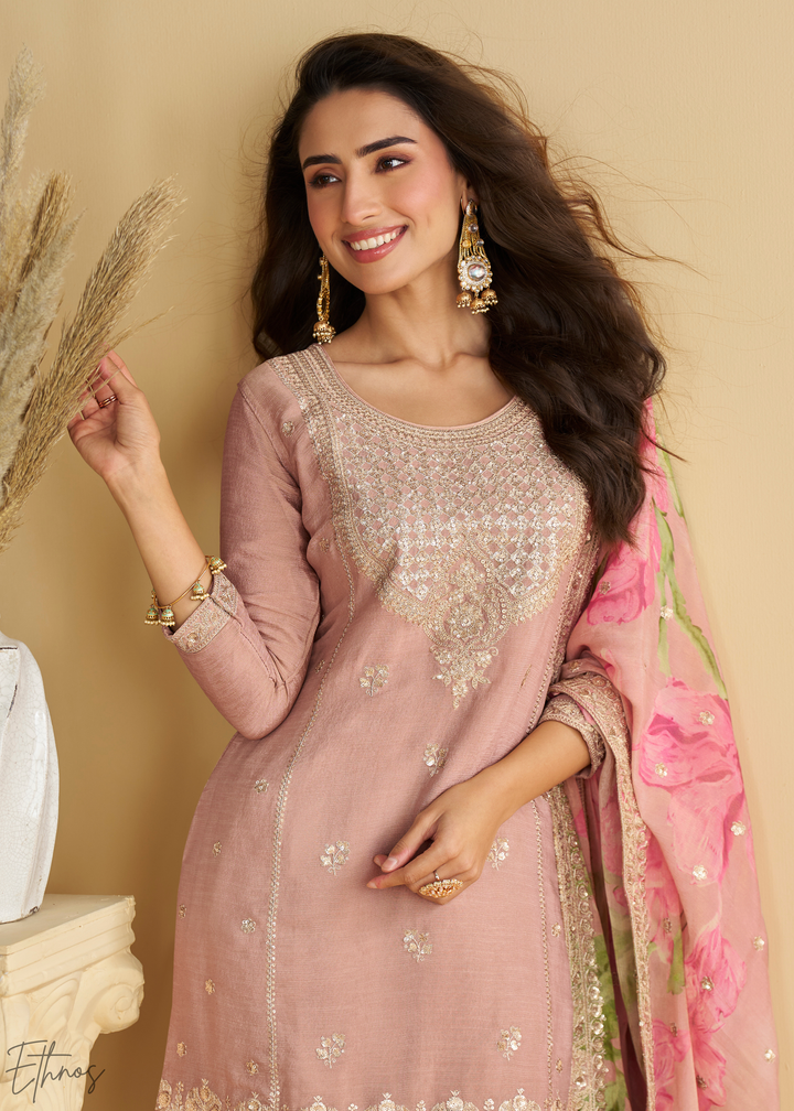 Rose Pink Printed Chinon Silk Palazzo Suit