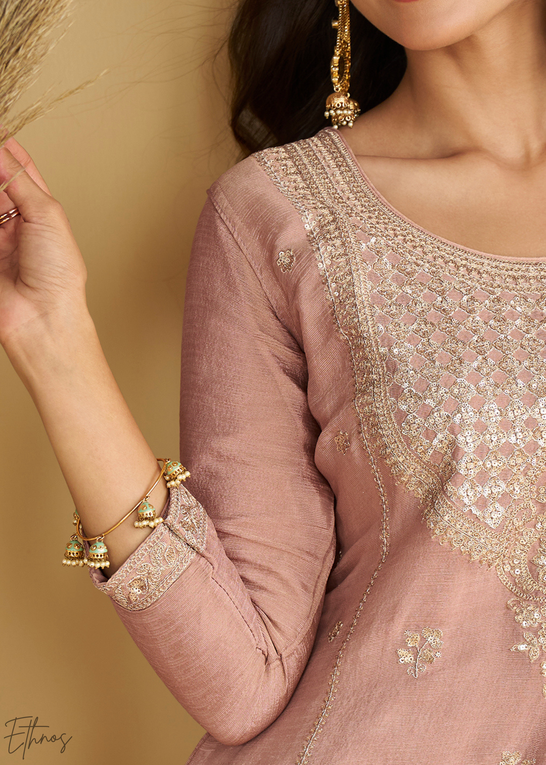Rose Pink Printed Chinon Silk Palazzo Suit