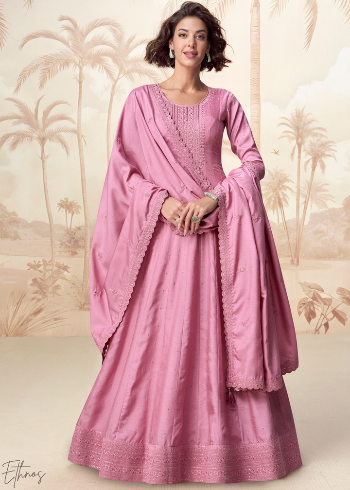 Rose Pink Self-Texture Embroidered Silk Anarkali Gown & Dupatta Set