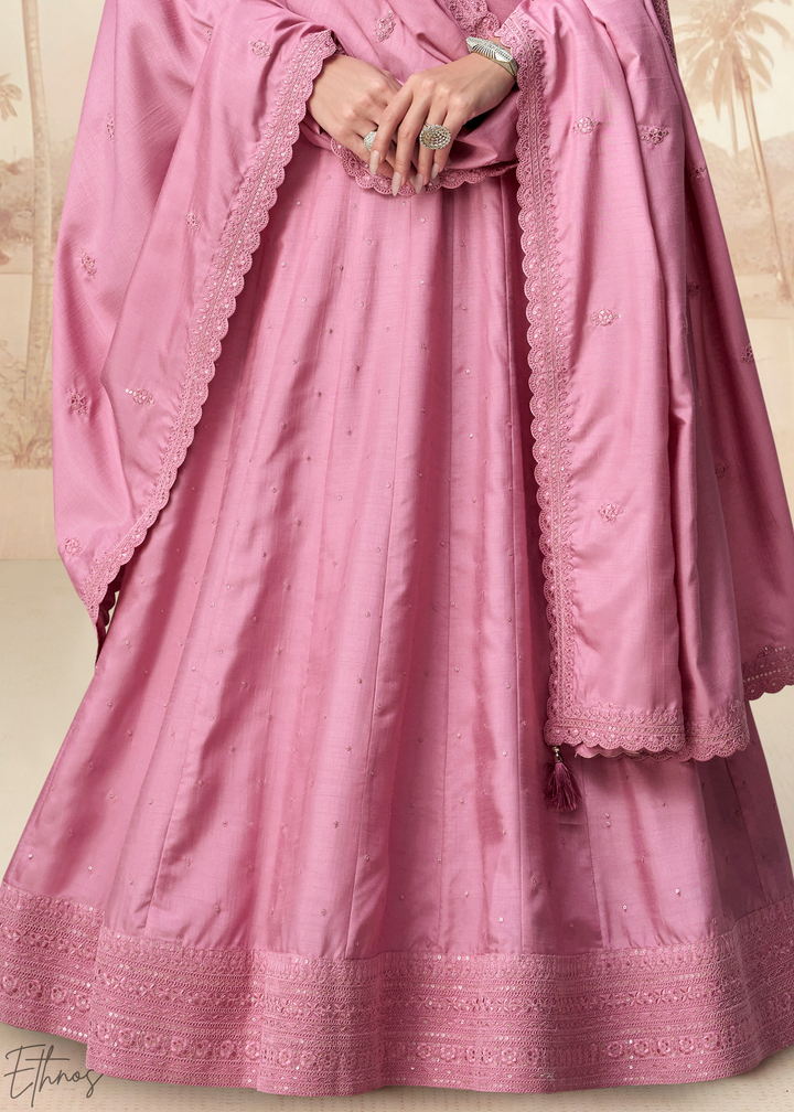 Rose Pink Self-Texture Embroidered Silk Anarkali Gown & Dupatta Set