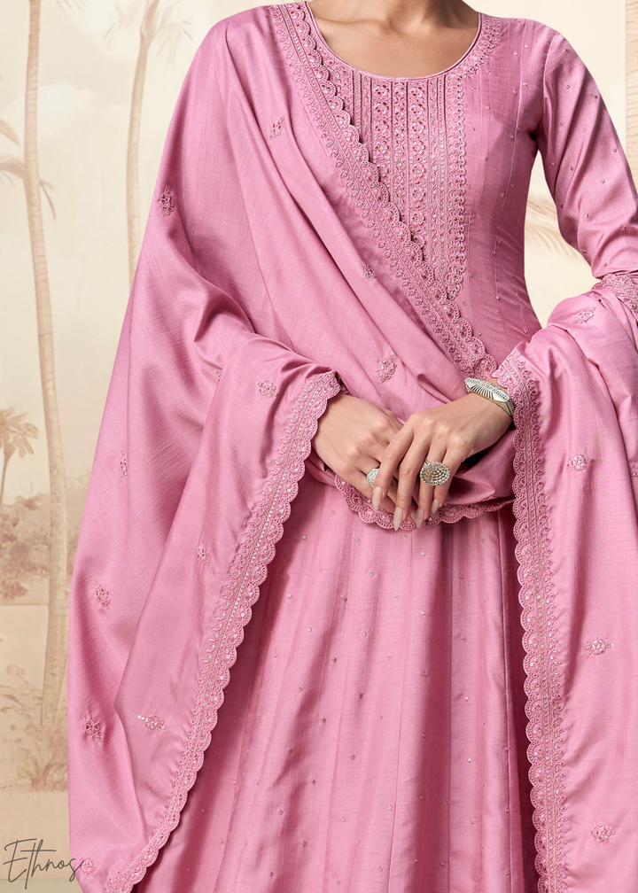 Rose Pink Self-Texture Embroidered Silk Anarkali Gown & Dupatta Set