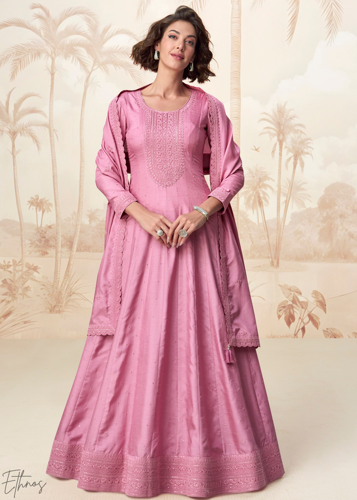 Rose Pink Self-Texture Embroidered Silk Anarkali Gown & Dupatta Set