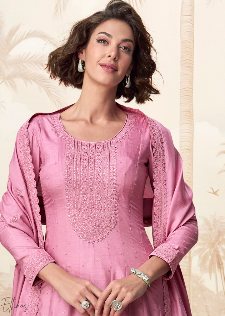 Rose Pink Self-Texture Embroidered Silk Anarkali Gown & Dupatta Set