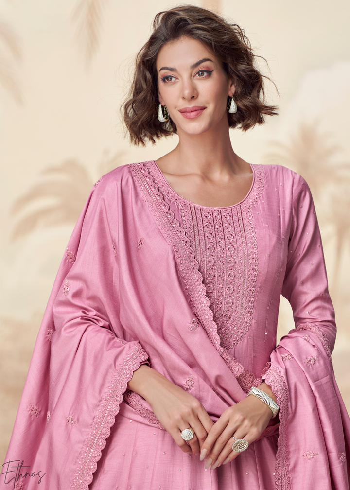Rose Pink Self-Texture Embroidered Silk Anarkali Gown & Dupatta Set