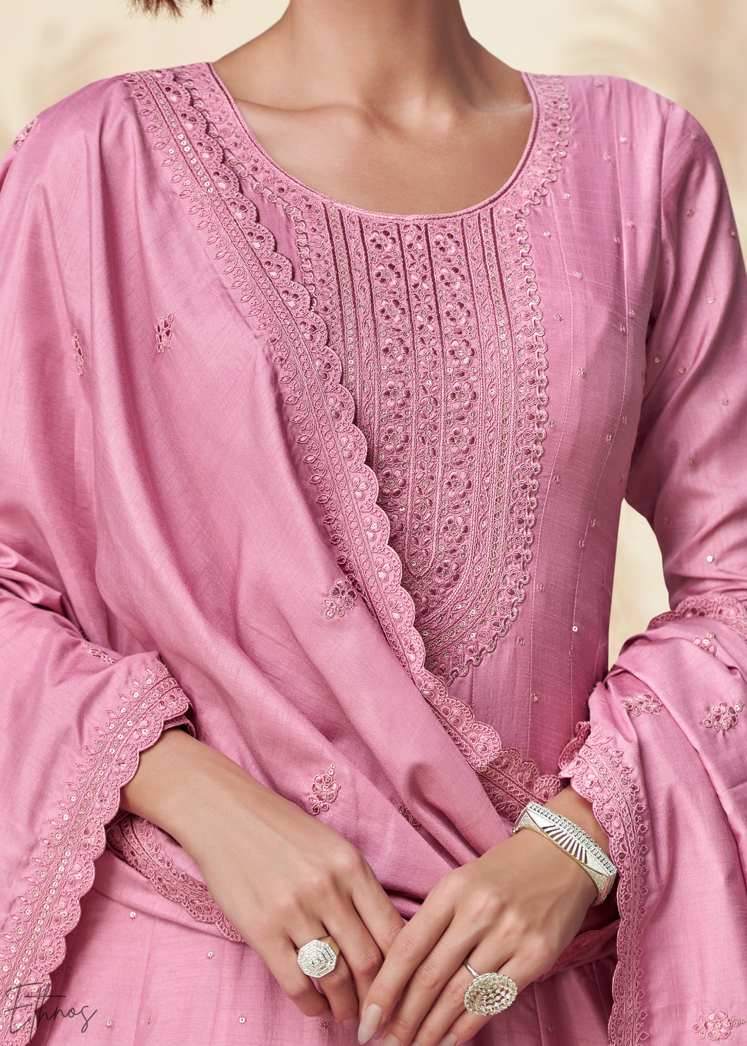 Rose Pink Self-Texture Embroidered Silk Anarkali Gown & Dupatta Set