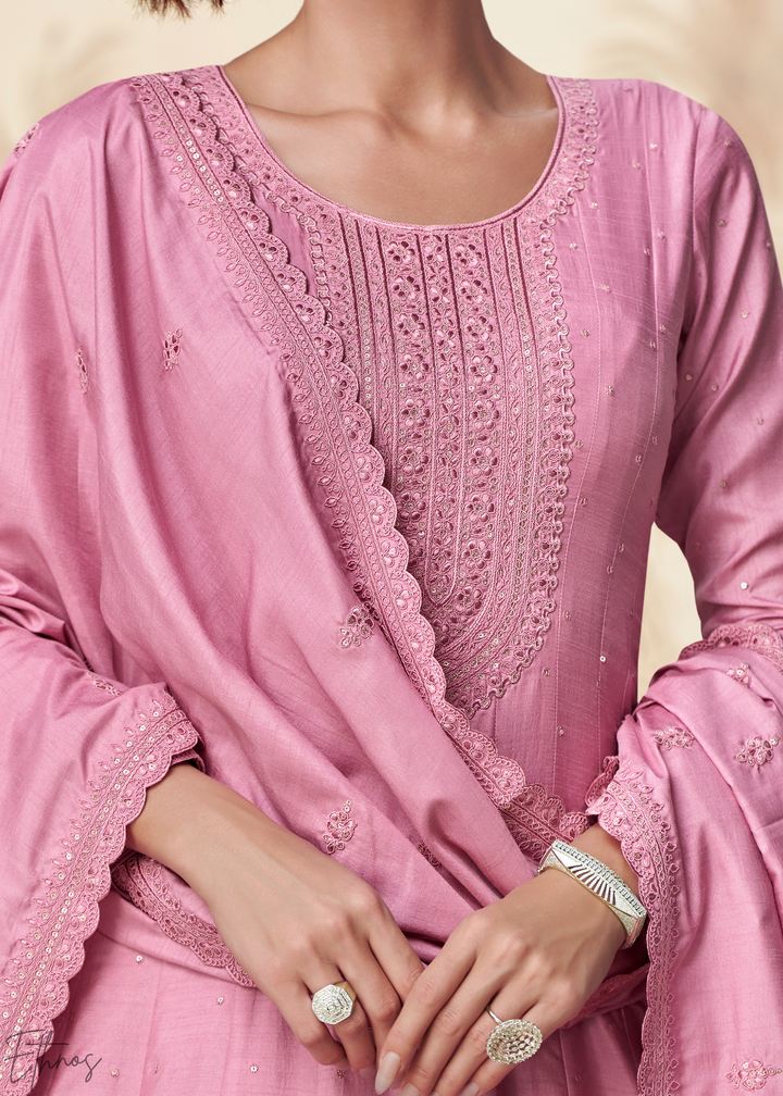 Rose Pink Self-Texture Embroidered Silk Anarkali Gown & Dupatta Set