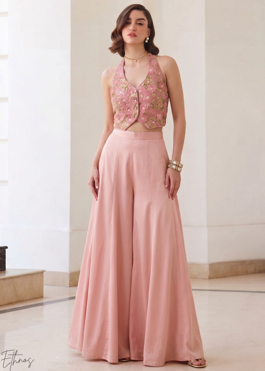 Rose Quartz Brocade Wave Palazzo Set