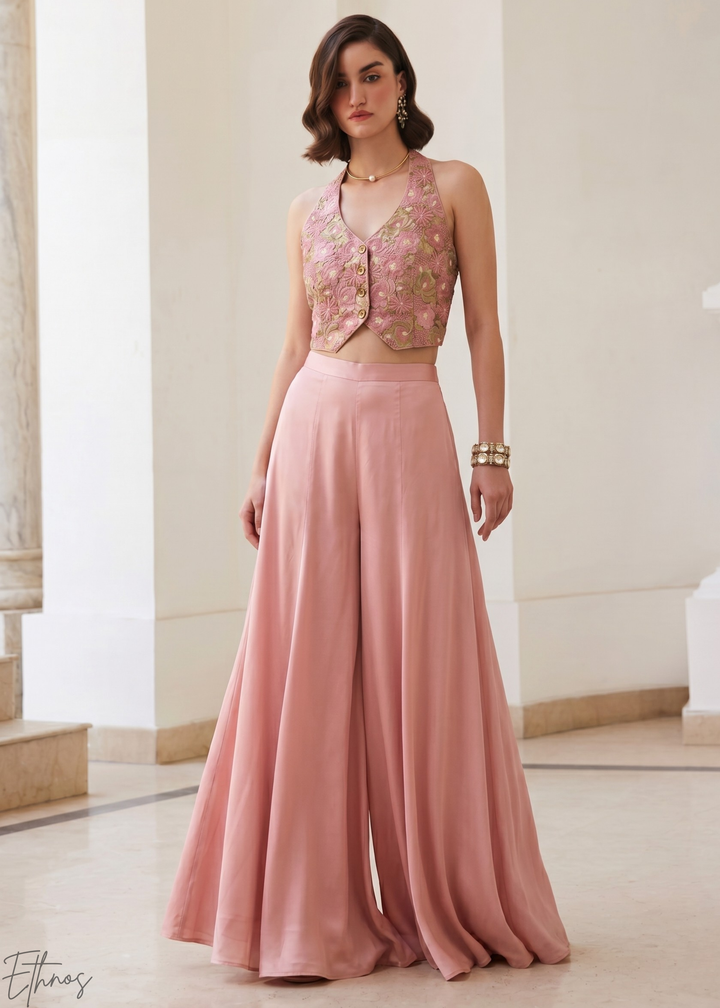 Rose Quartz Brocade Wave Palazzo Set