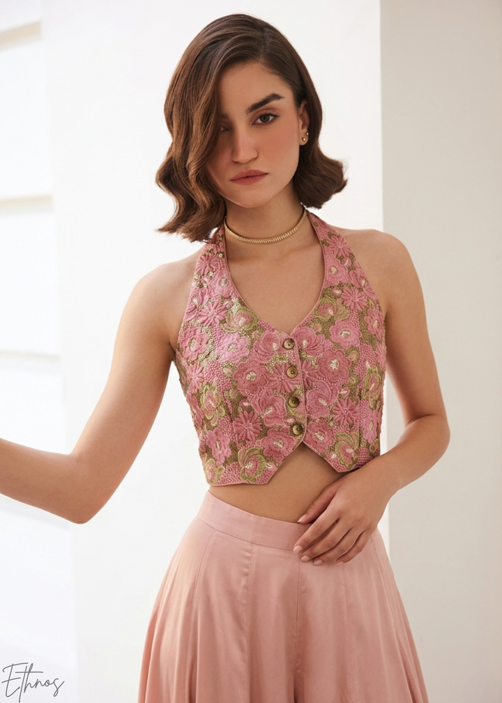 Rose Quartz Brocade Wave Palazzo Set