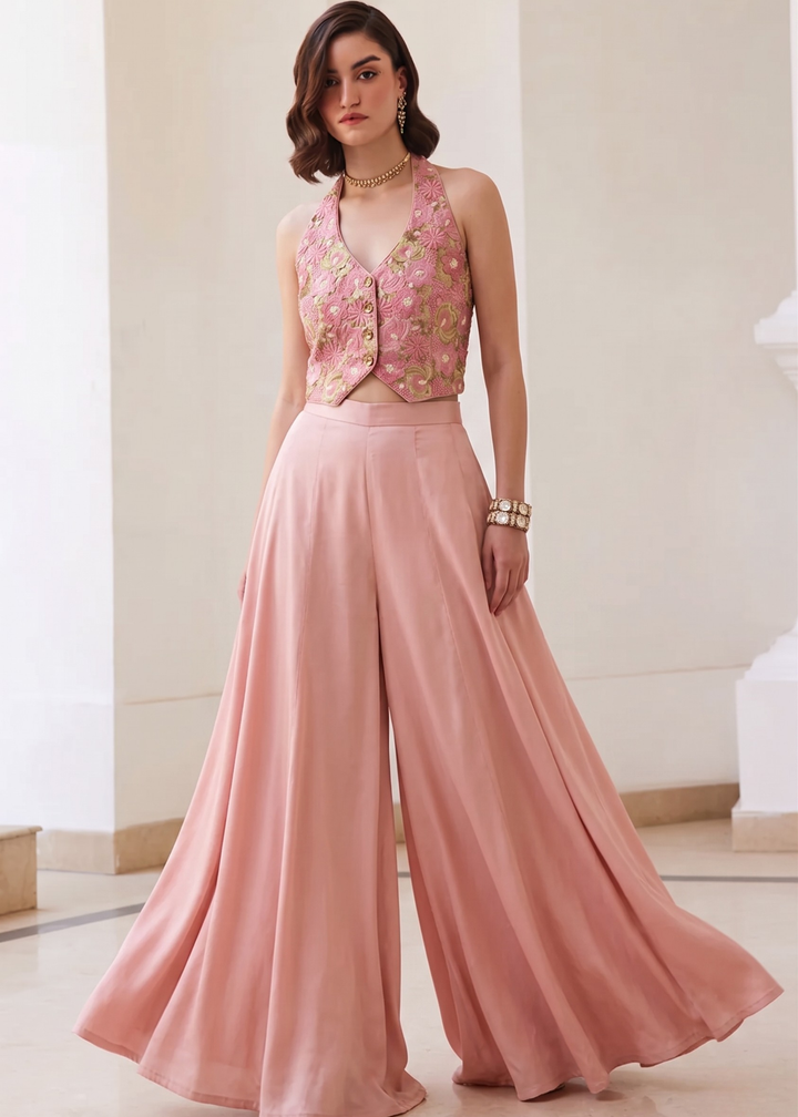 Rose Quartz Brocade Wave Palazzo Set