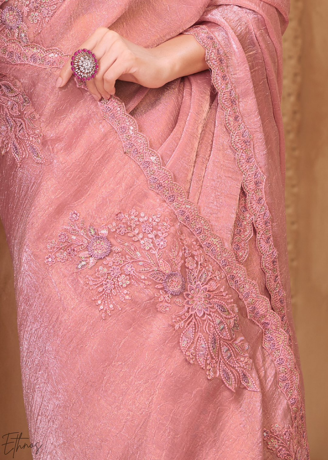 Rose Quartz Classic Border Satin Georgette Saree