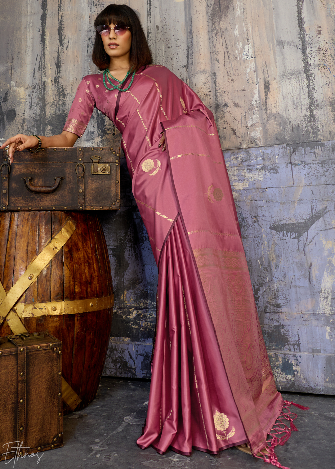 Rose Quartz Floral Woven Satin Saree
