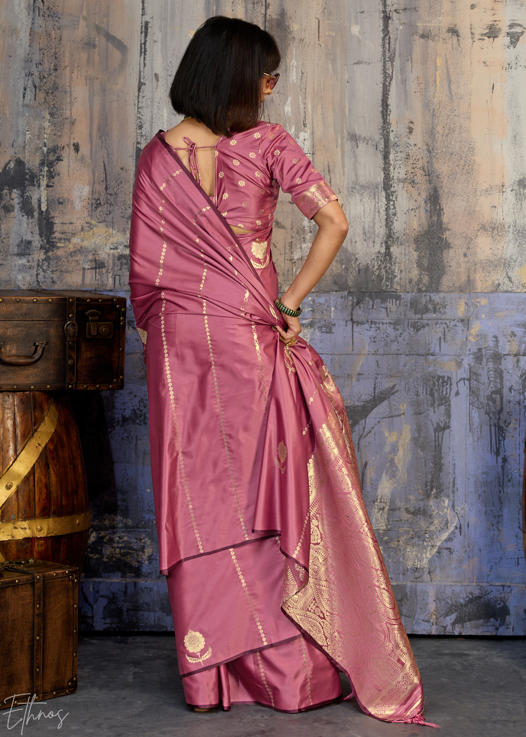 Rose Quartz Floral Woven Satin Saree