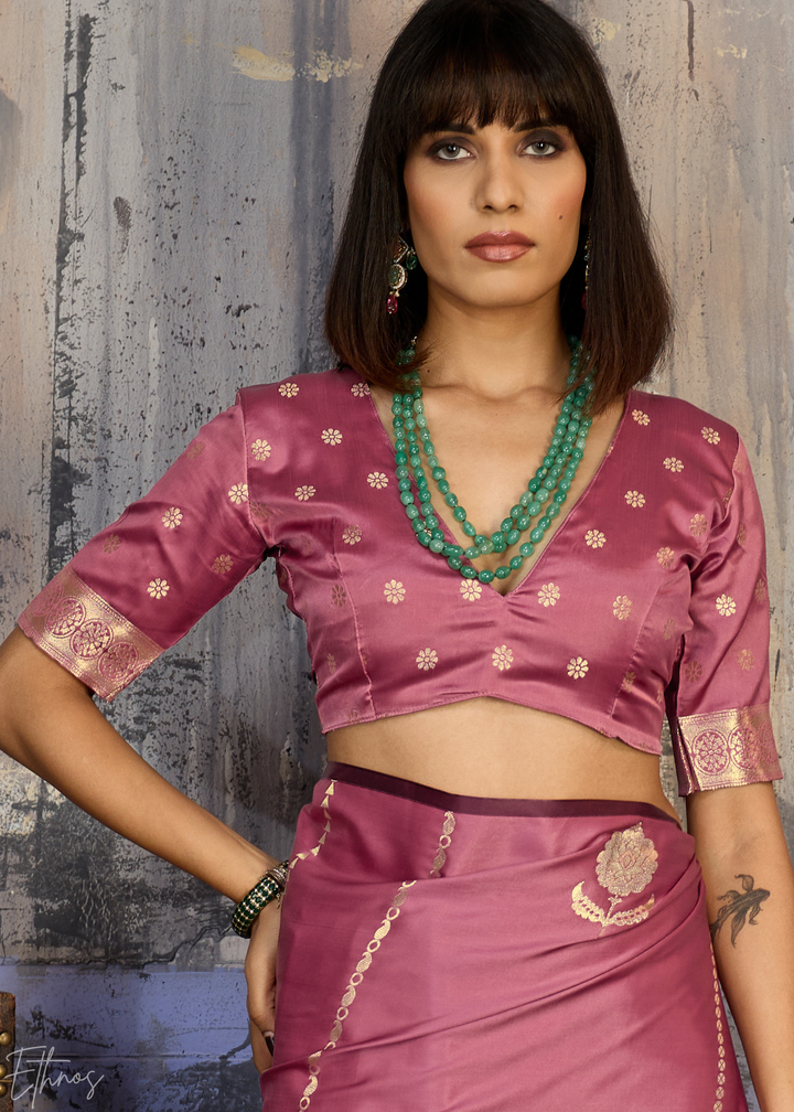 Rose Quartz Floral Woven Satin Saree