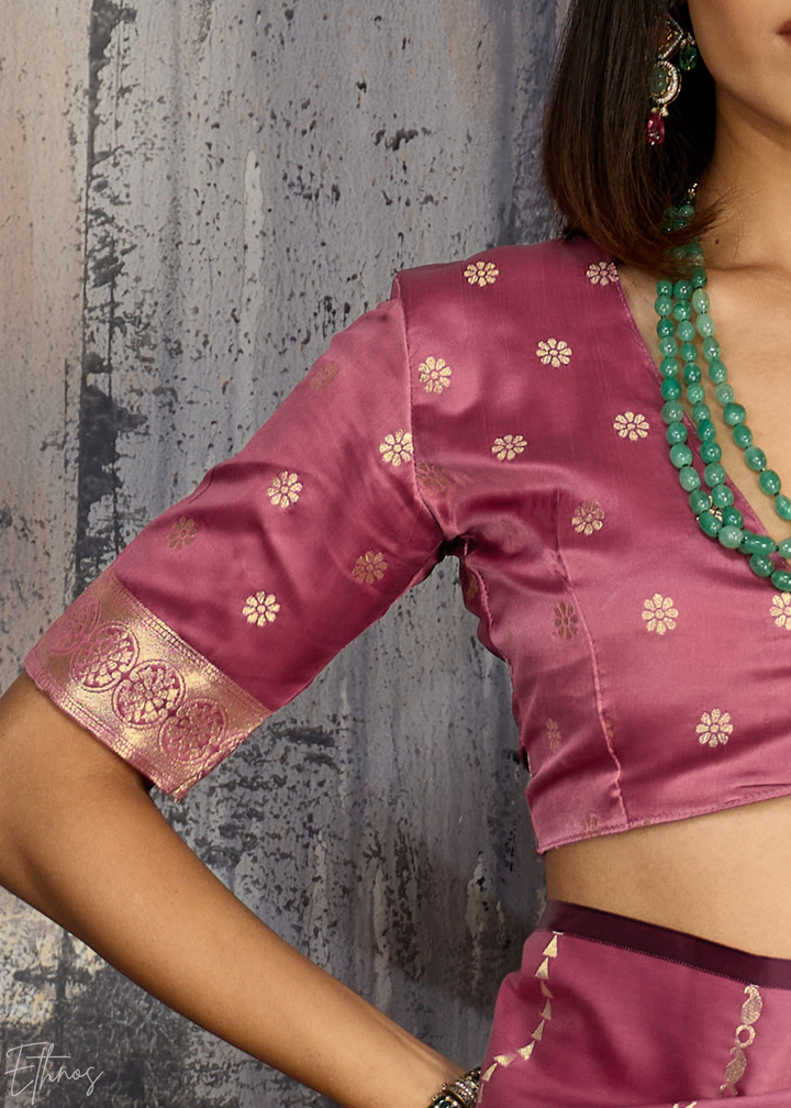 Rose Quartz Floral Woven Satin Saree