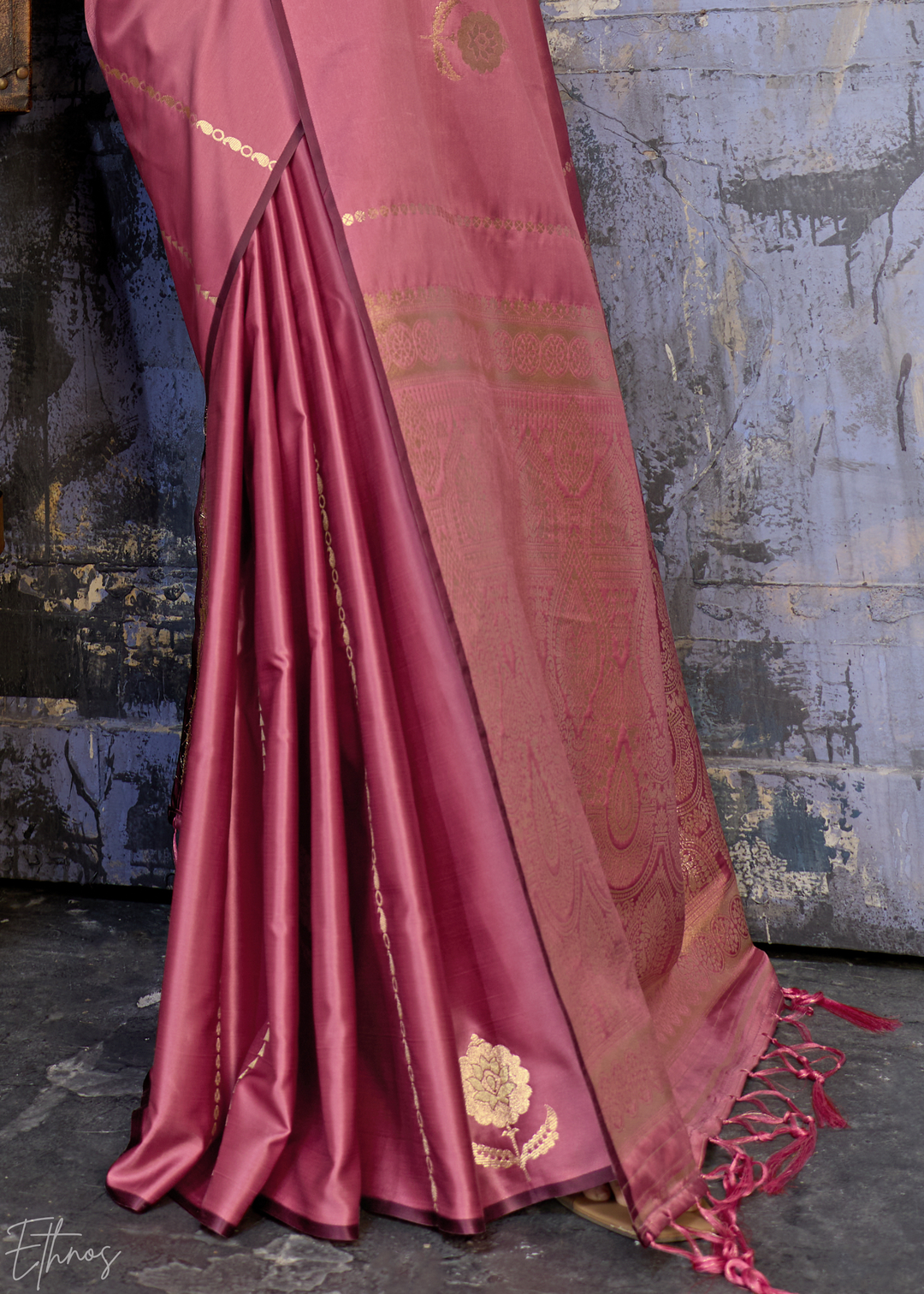 Rose Quartz Floral Woven Satin Saree