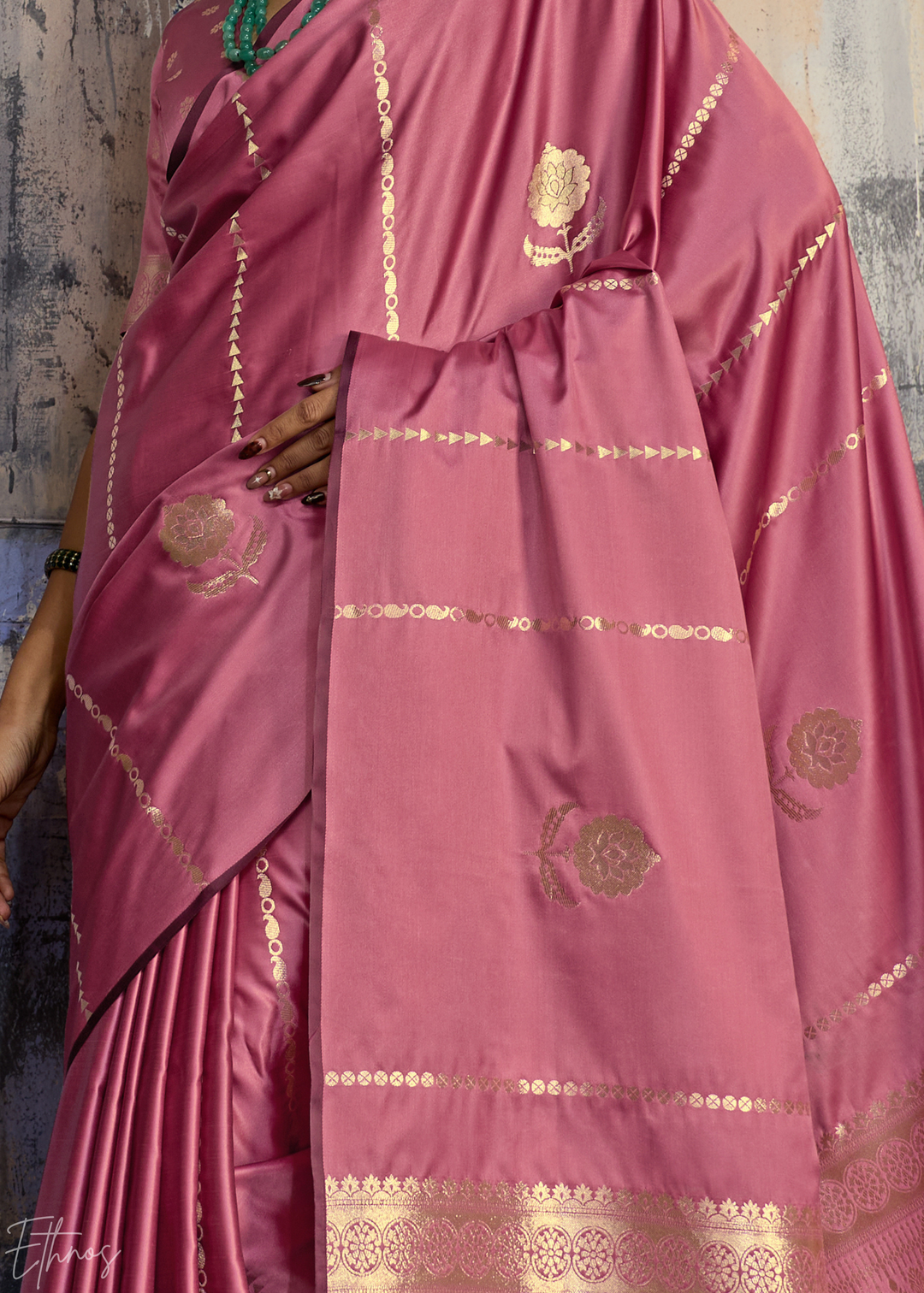 Rose Quartz Floral Woven Satin Saree