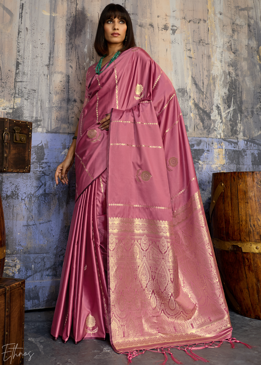 Rose Quartz Floral Woven Satin Saree