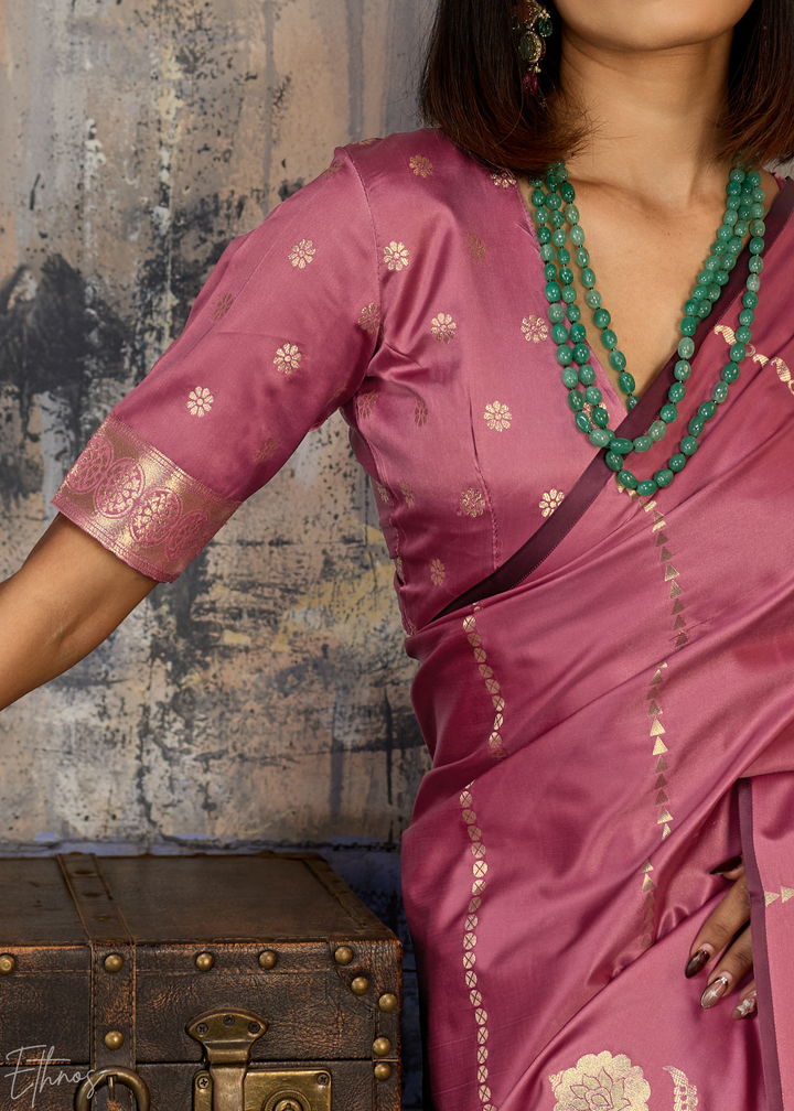 Rose Quartz Floral Woven Satin Saree