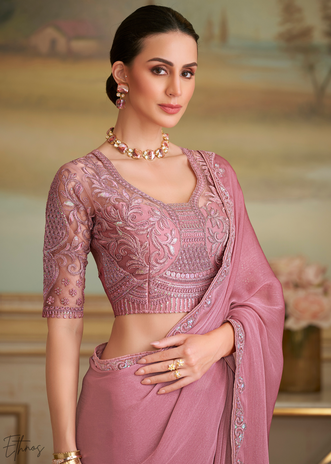 Rose Quartz Sparkle Georgette Saree
