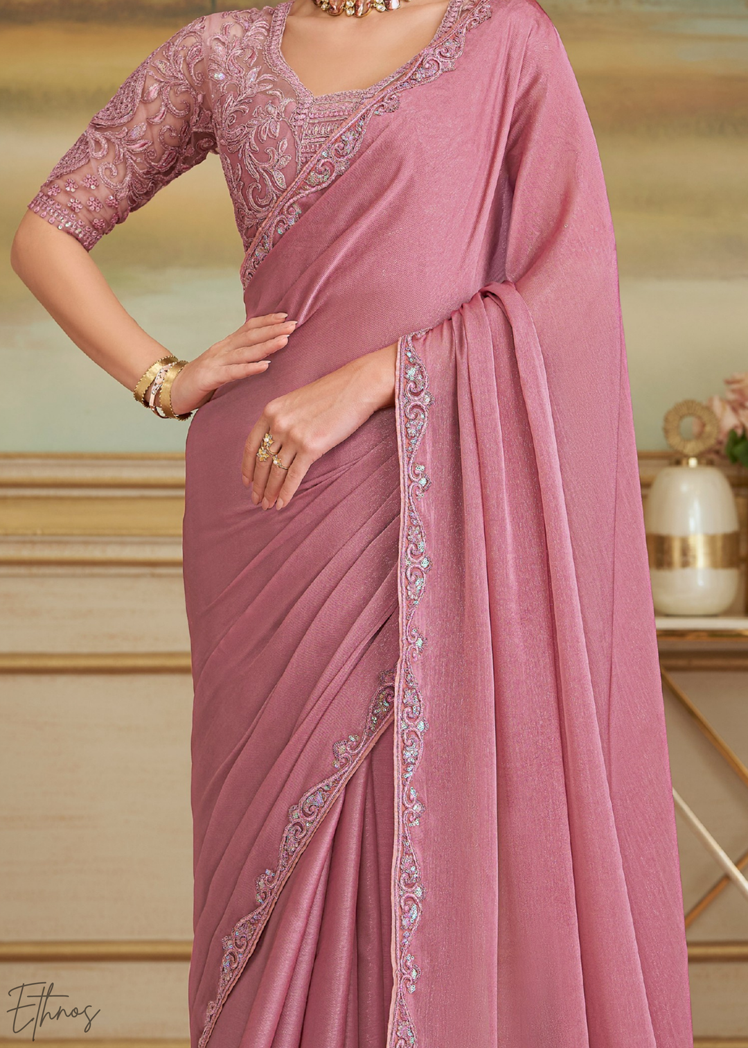 Rose Quartz Sparkle Georgette Saree