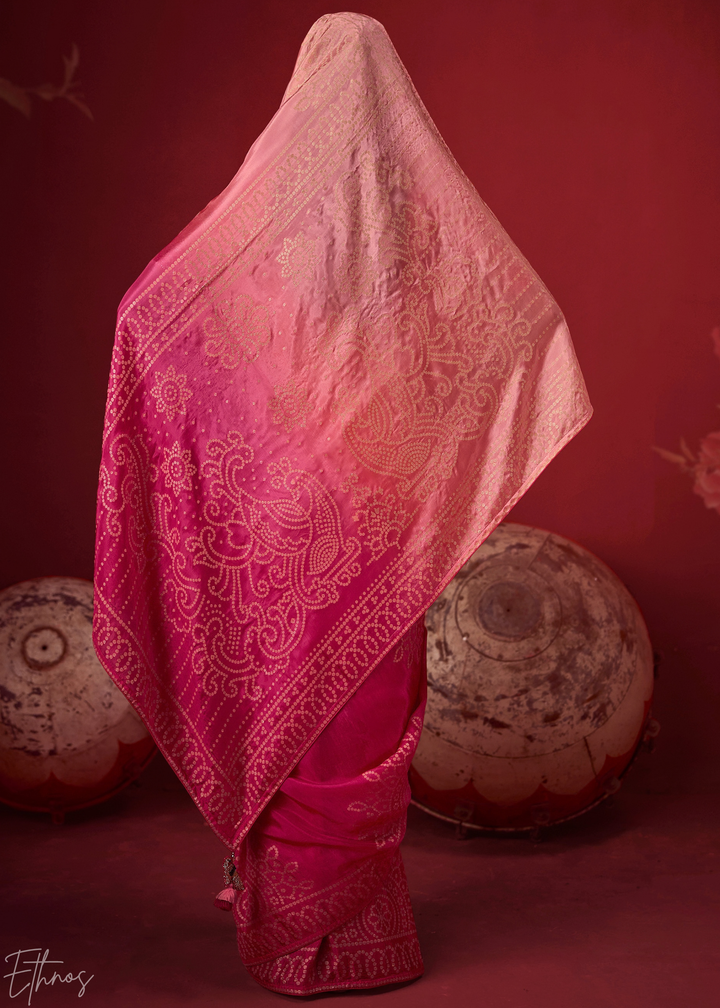 Rose Textured Chevron Ombre Dola Silk Saree