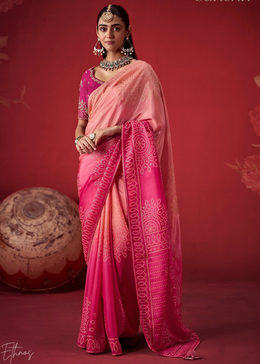 Rose Textured Chevron Ombre Dola Silk Saree