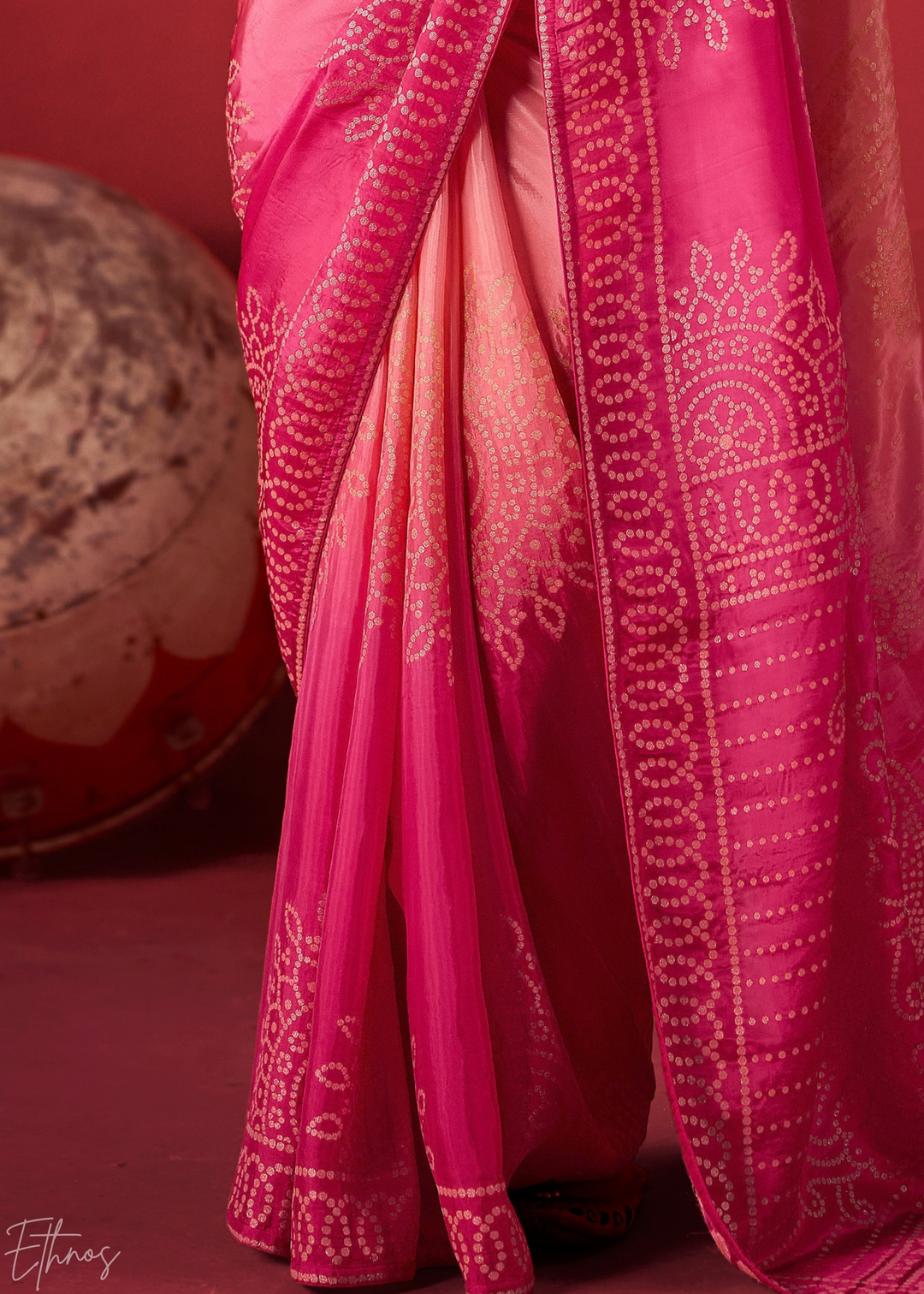 Rose Textured Chevron Ombre Dola Silk Saree