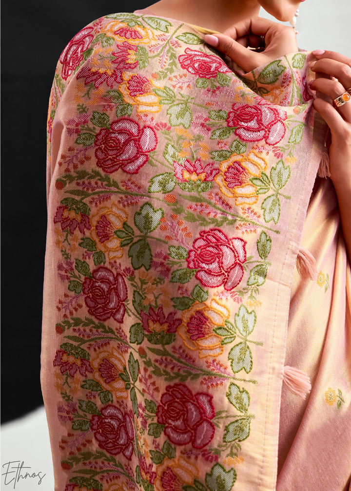 Rose Gold Rose Border Saffron Tissue Saree