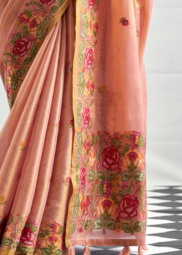 Rose Gold Rose Border Saffron Tissue Saree